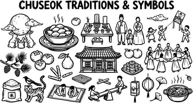 Chuseok Korean Harvest Festival Traditions  Symbols Set. Hand-Drawn Black and White Line Art Doodle Illustrating Asian Culture  Holiday Customs.