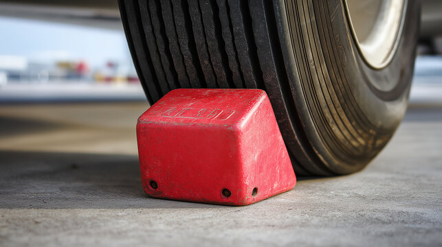 chock. Red rubber wheel chock wedged in front of airplane tire, macro detail. mobility guides, transit brochures, designed for transport & logistics marketing, used by health educators.