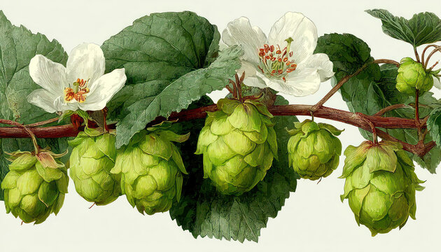 Hop Cones and White Hop Flowers on Vine Botanical Illustration