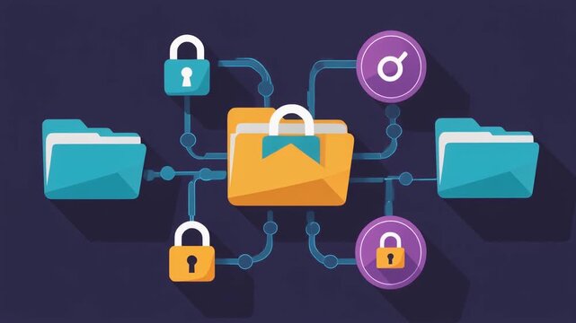 Digital folders glowing with padlocks, interconnected lines forming secure network, central protected file highlighted, abstract visualization of cybersecurity, encrypted data sharing, and modern info
