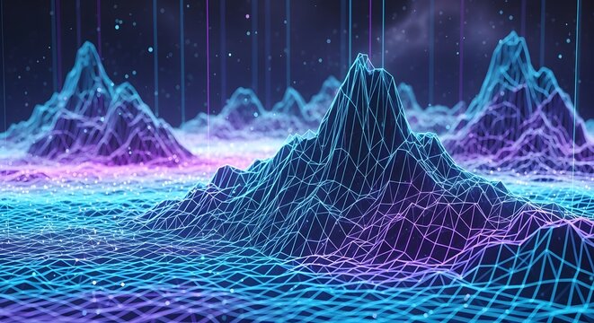 Digital wireframe landscape with abstract mountains and cyber data particles in dark blue and purple neon colors.