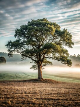 A solitary tree stands alone in a misty landscape with fog covering the ground