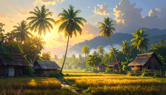 Golden sunrise over tropical village