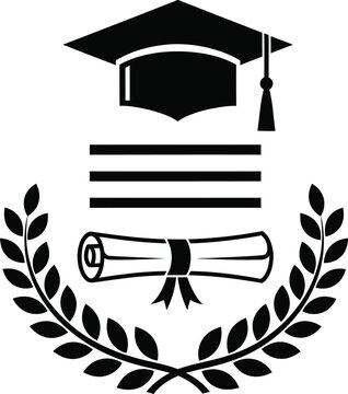 Graduation logo with cap diploma and laurel wreath for academic success designs.