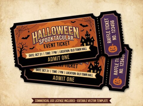 Halloween spooky event ticket with raffle stub