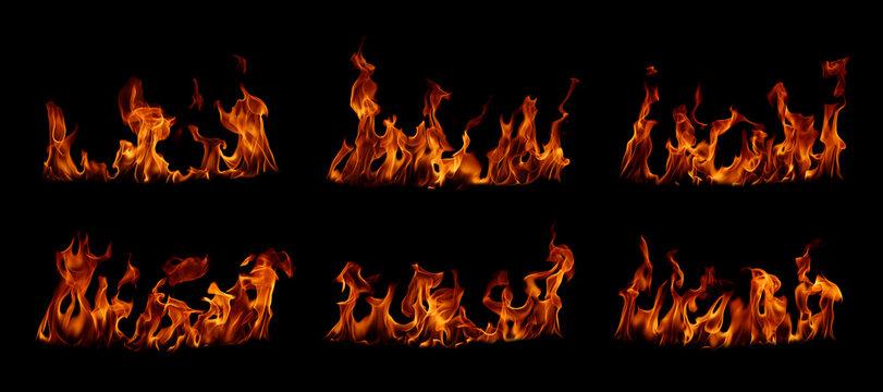 Realistic blazing fire flames isolated on black background, high detail burning flame collection with glowing orange heat, dramatic fire texture for overlays, danger, energy, hot abstract background.