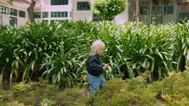 Small girl journeys amid vibrant city park foliage and scenery