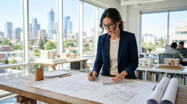 A young Asian female architect reviews blueprints in a modern office, surrounded by city views and architectural models.
