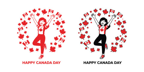 Obraz premium Canada day celebration illustration woman with maple leaves and flags
