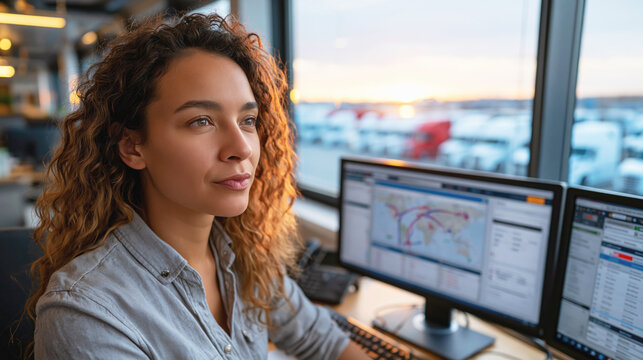 Female logistics manager monitoring fleet operations on screens at sunset near a truck depot, focusing on route planning, fleet tracking and transportation management.