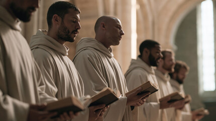 Fototapeta premium Monks in white robes chant from prayer books inside a softly lit church during religious service. Selective focus.