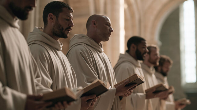 Monks in white robes chant from prayer books inside a softly lit church during religious service. Selective focus.