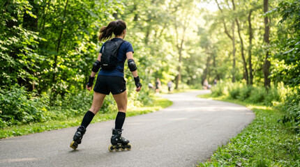 Fototapeta premium A young Hispanic woman enjoys rollerblading on a sunny day in a lush green park, surrounded by vibrant nature.