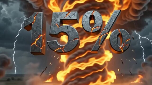 A dramatic 15 percent symbol inside a fiery tornado with lightning strikes in a dark, stormy landscape