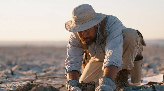 Man in sun hat crouches on dry cracked ground collecting soil samples during a desert field expedition.