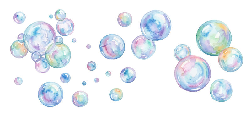 Soap bubbles magic vector illustration. Rainbow soap bubbles over white background. Childhood fun activity. Children fun activities magic shampoo bubles. Bath or shower vector background.
