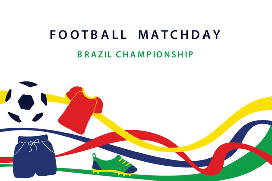  Brazil football matchday abstract background with dynamic flowing ribbons in flag colors, soccer jersey uniform and ball. Sport tournament banner template.