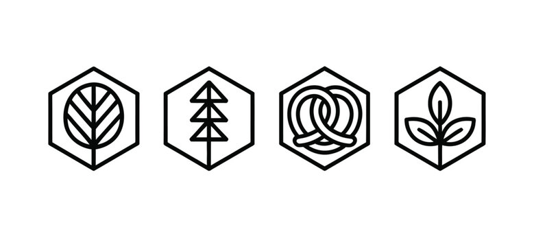 Nature icons: leaf pine tree pretzel sprouts in hexagons with environment