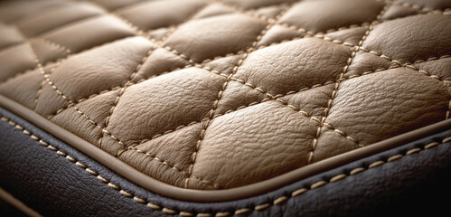 Obraz premium Close-up of quilted brown leather upholstery with diamond stitching and textured seams in warm light.