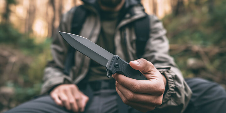 Close-up of a person holding a folding knife outdoors in a forest, showing sharp blade, tactical gear and survival preparedness.