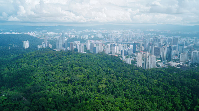 Urban sprawl encroaching on lush green forest, showcasing contrast between nature and city development