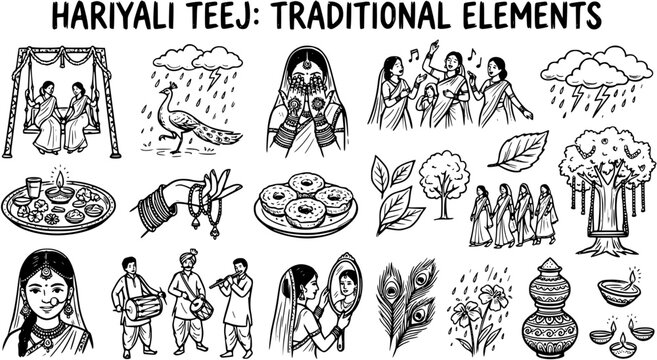 Hariyali Teej Indian Festival Traditional Elements Black  White Line Art. Hand-drawn symbols of Hindu women's monsoon celebrations and culture.