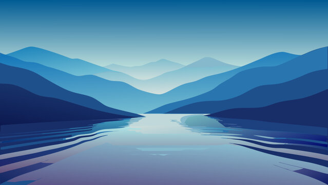 Picturesque blue layered mountain landscape with flowing river and reflections mountains landscape reflection tranquil peaceful gradient environment abstract illustration minimalist
