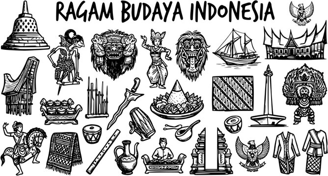 Hand-drawn Black  White Line Art vector illustration of diverse Indonesian cultural icons, traditional elements, heritage symbols, and famous landmarks.