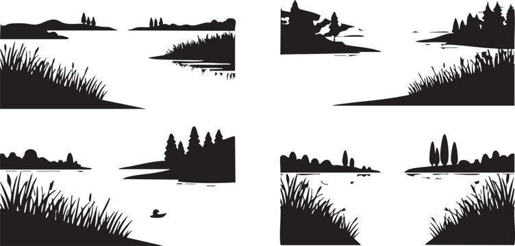 Black silhouettes of lake and river landscapes with trees and grass isolated on white background