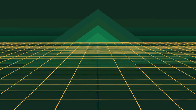 Retro futuristic landscape with grid floor and geometric pyramid structure low poly sci fi grid background cyberpunk background futuristic landscape geometric structure wireframe perspective
