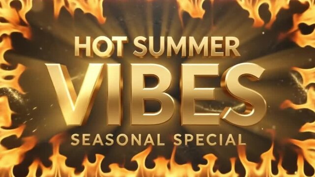 Hot summer promotional graphic with golden 3d text and fire border