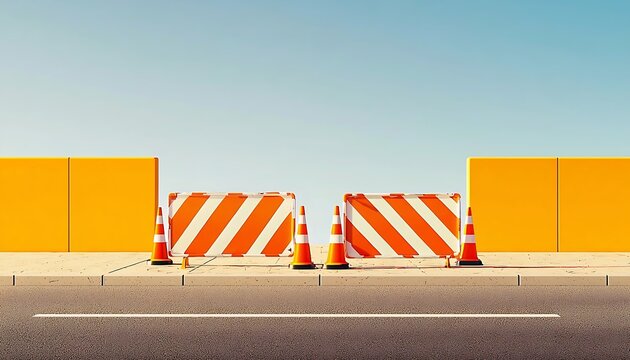 Road barricades and traffic cones blocking path between yellow walls, road works.