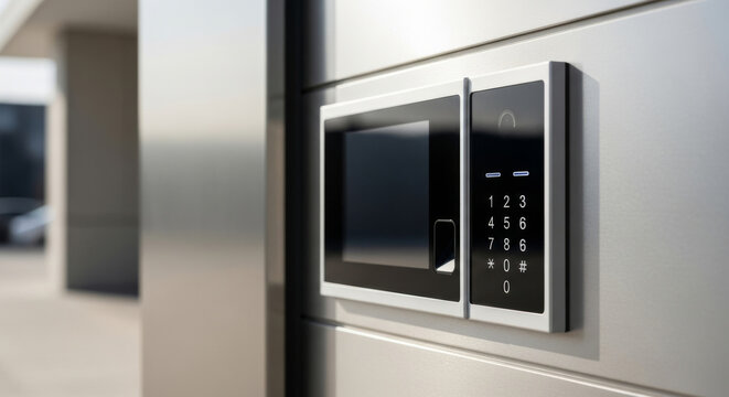 Close-up of a modern digital keypad entrance panel presenting sleek design and high-tech features.