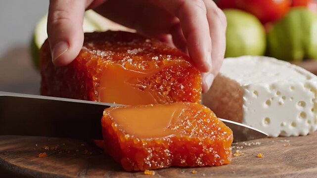 Closeup of a hand slicing a block of orange cheese with a knife.