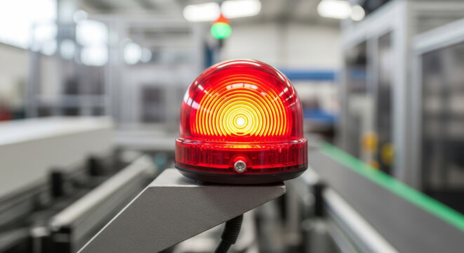 A red warning light illuminates a manufacturing environment, signaling caution and alertness.