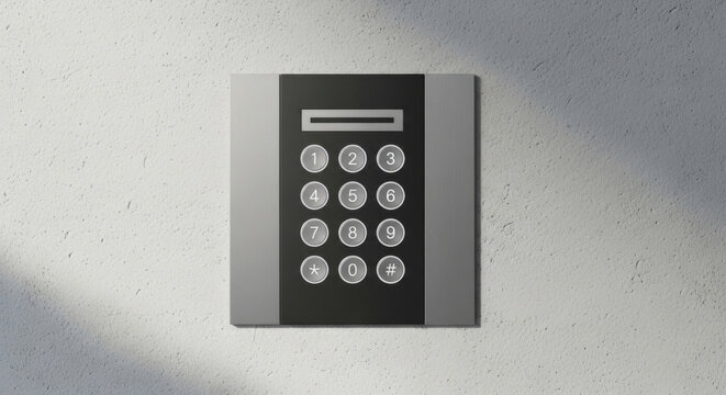 Modern keypad mounted on a textured wall, with silver and black design elements.