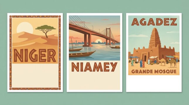 niger travel poster set with three coordinated designs