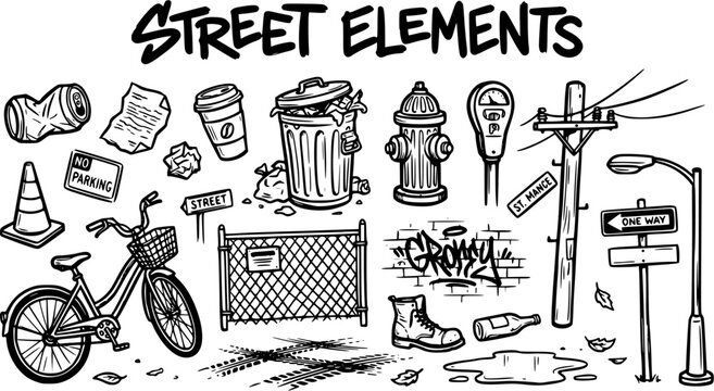 Black  White Line Art Vector Set: Hand-Drawn Urban Street Elements and City Life Objects. Icons Include Litter, Infrastructure, Transportation  Graffiti.