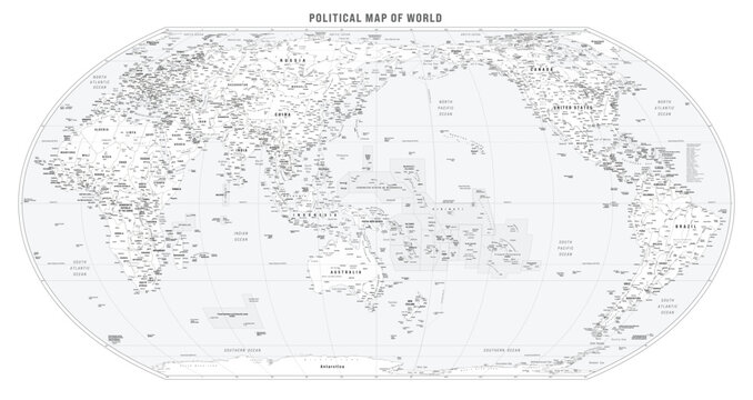 World Map with high detail. Labels of Countries, Capital and Other Cities, Rivers, Mountains, Seas and Oceans. Equal Earth Projection. Greyscale atlas map. Australia and Asia centered