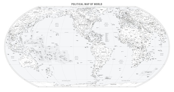 World Map with high detail. Labels of Countries, Capital and Other Cities, Rivers, Mountains, Seas and Oceans. Equal Earth Projection. Greyscale atlas map. America centered