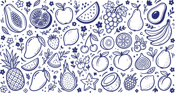 Healthy fresh summer fruits monoline doodle background pattern with seamless vector linear berry sketches