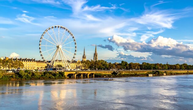 Large Ferris Wheel Standing Along Riverside Promenade Under Dramatic Blue Sky