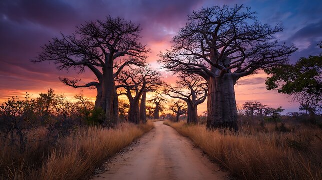 Baobab trees line a dirt road at colorful sunset