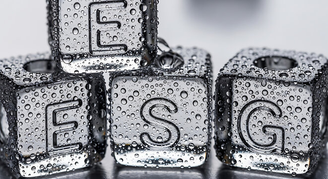 Close-up of wet metal blocks with letters E, S, G stacked on top of each other