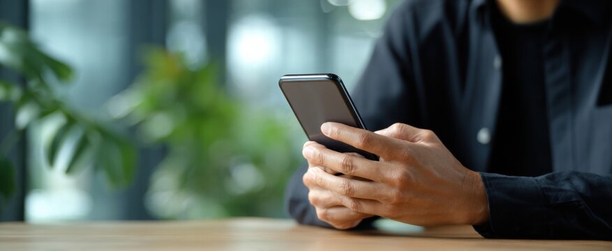 Stylish hands interacting with a smartphone in a modern office bathed in vibrant daylight