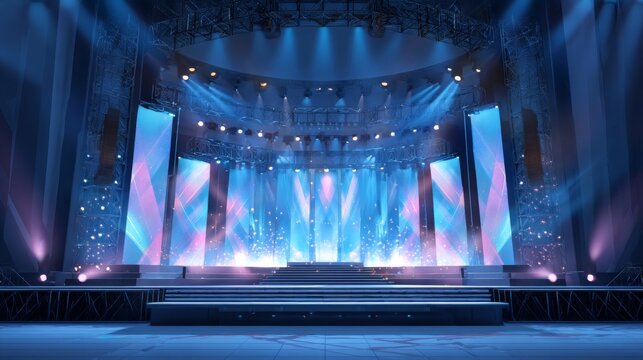 Illuminated concert stage with vibrant blue and pink lights and multiple screens.