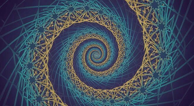 Abstract infinite spiral pattern featuring intricate geometric star shapes with golden and turquoise blue colors
