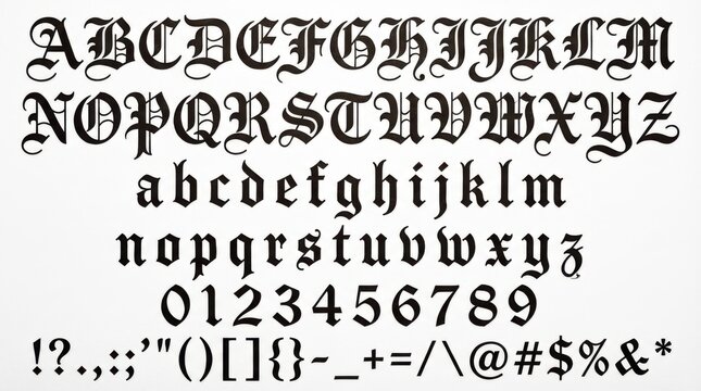 font alphabet in gothic blackletter style from a to z numbers punctuation isolated on white background