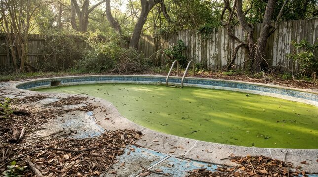 Abandoned backyard swimming pool filled with thick green algae and stagnant water near weathered wooden fence.