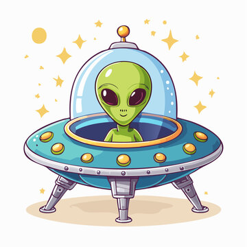 Cute Green Alien in a Flying Saucer